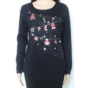 Karen Scott Embellished Graphic Print Long Sleeve Christmas Top Black Large-NEW